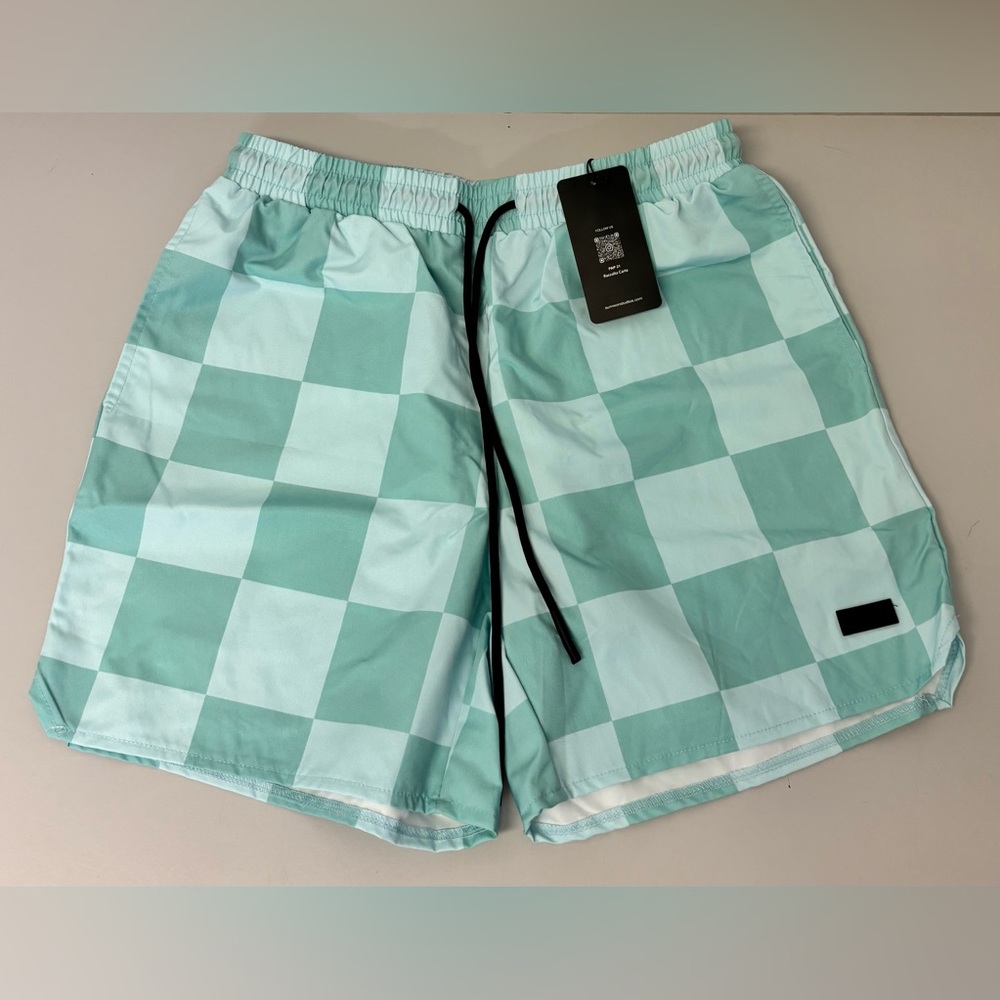 NWT - Sumwon Lightweight Shorts 'Checkered Aqua' - Size Men's Medium
